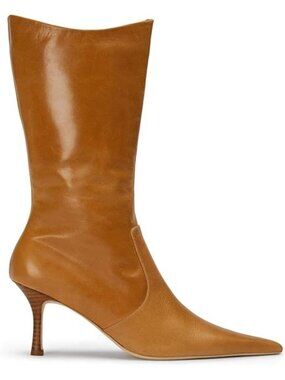 Women's A-khaki Mid Calf Boots Pointed Toe Stiletto Heels Fall Side Zipper